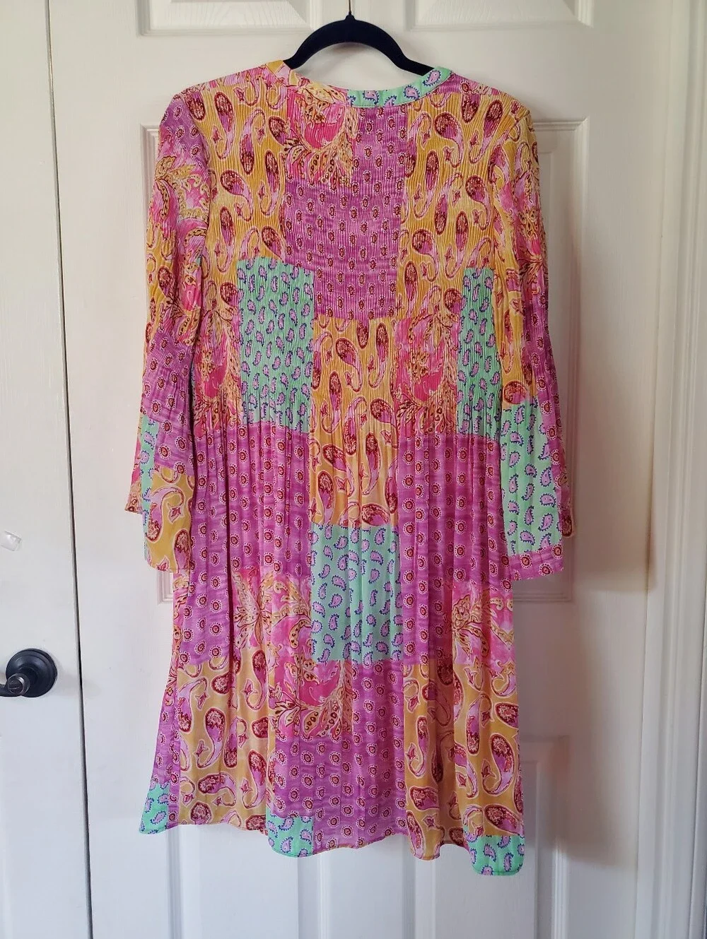 Bohemian Sunny Leigh Patchwork Multicolor Paisley Midi Dress Bell Long Sleeve - Picture 5 of 11